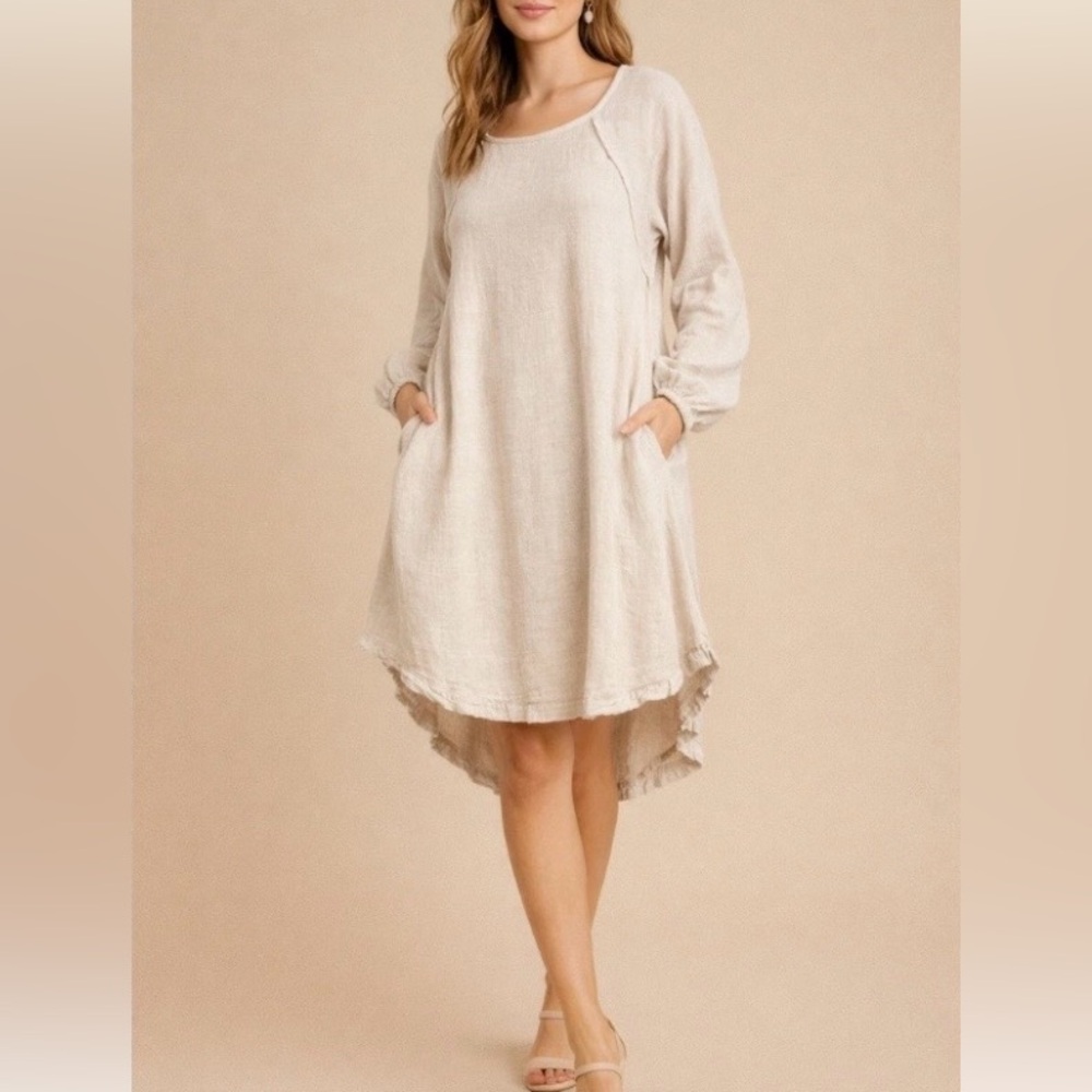 Umgee Woven High Low Long Sleeve Dress Women’s Size L Oatmeal Cotton Linen NWT